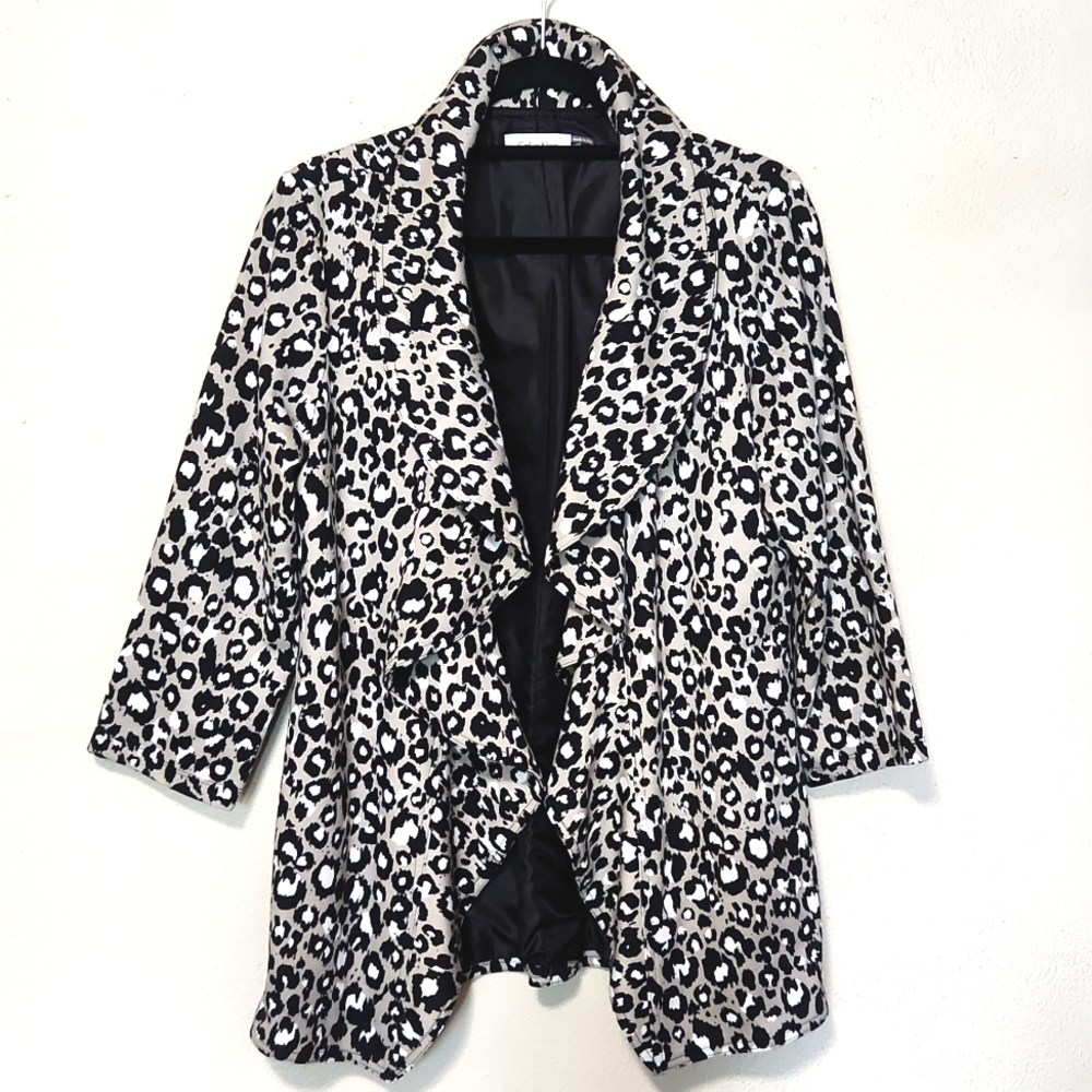 Calvin Klein Cheetah Animal Print Ruffle Open Front Stretchy Jacket Size 6 - Picture 6 of 9